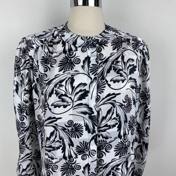 Vintage 90s Lloyd Williams Floral Blouse Size 6 Slinky Black White Long Sleeve - Picture 2 of 10